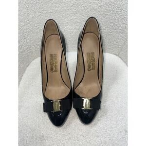 Salvatore Ferragamo Women's Black Patent Leather Varina Bow Heels Size 7.5